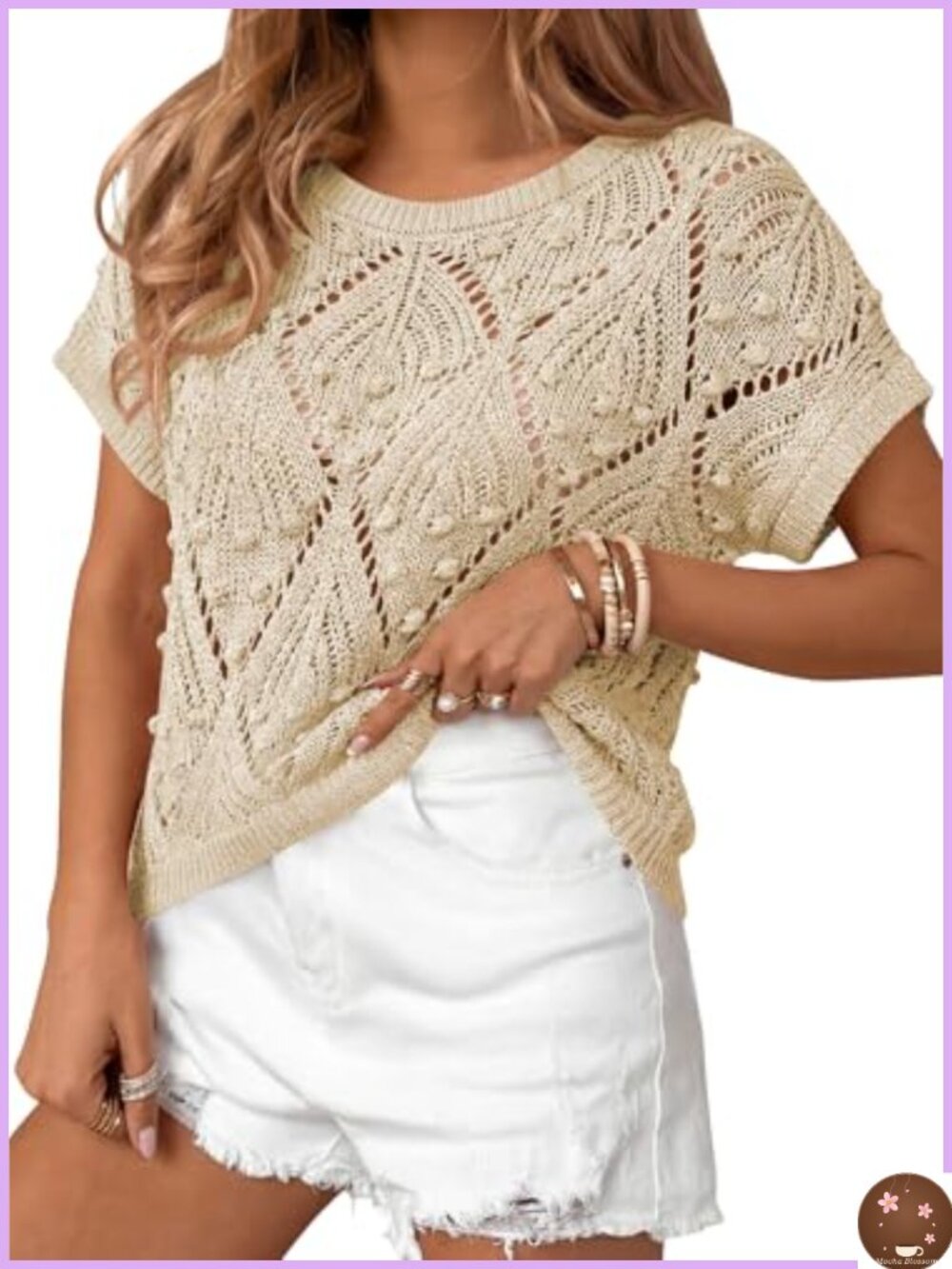 Crochet Short Sleeve Sweater Boho Popcorn Knit Crew Neck Summer Top